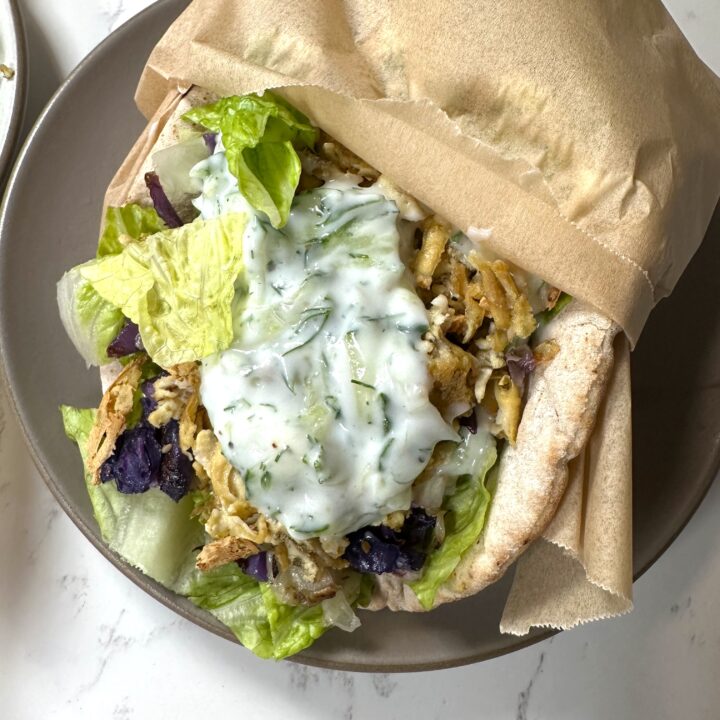 Shredded Tofu Cabbage "Shawarma" Gyros with Tzatziki Plant Forward